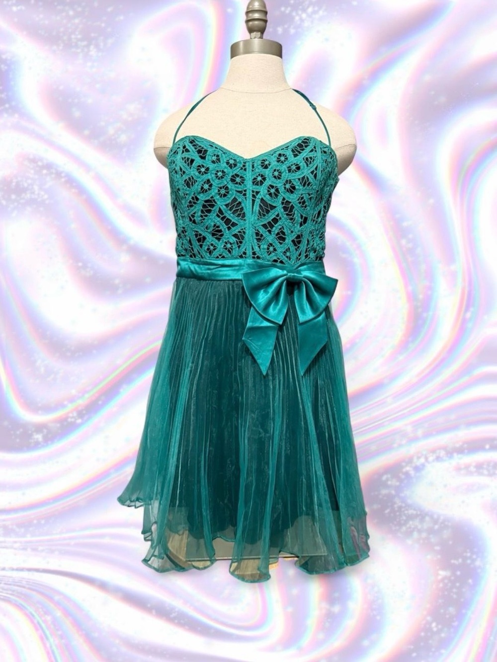 Betsey Johnson Teal Lace Bodice Chiffon Party Dress with Satin Bow